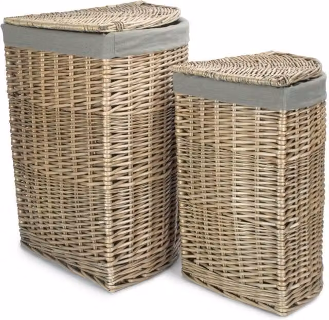 Red Hamper Set of 2 Antique Wash Corner Linen Baskets with Grey Sage Cotton Lining in Natural Fibre