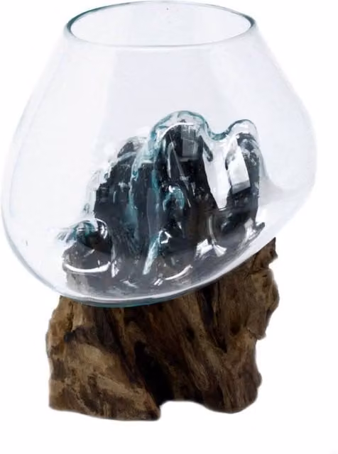 KDMD Handmade Turquoise Molten Glass and Wood Round Bowl with Bali Gamel Stand
