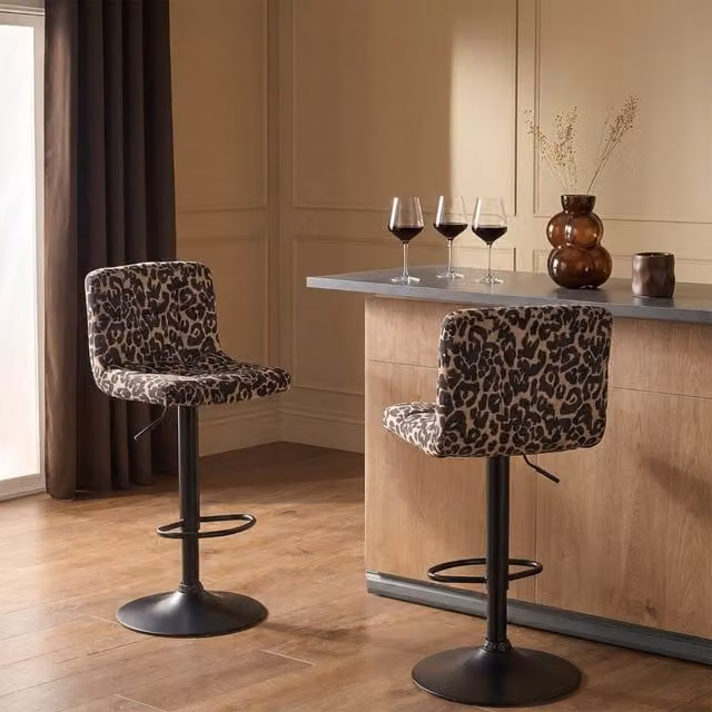 OHS Set of 2 Brown Animal Print Velvet Adjustable Swivel Bar Stools with Metal Frames
