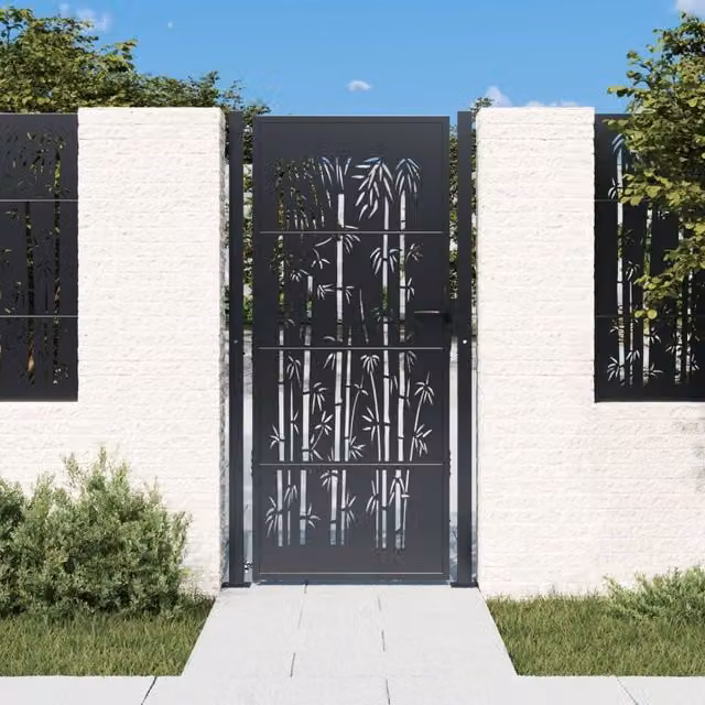 Berkfield Anthracite Steel Garden Gate with Bamboo Design, W: 105 cm, H: 205 cm