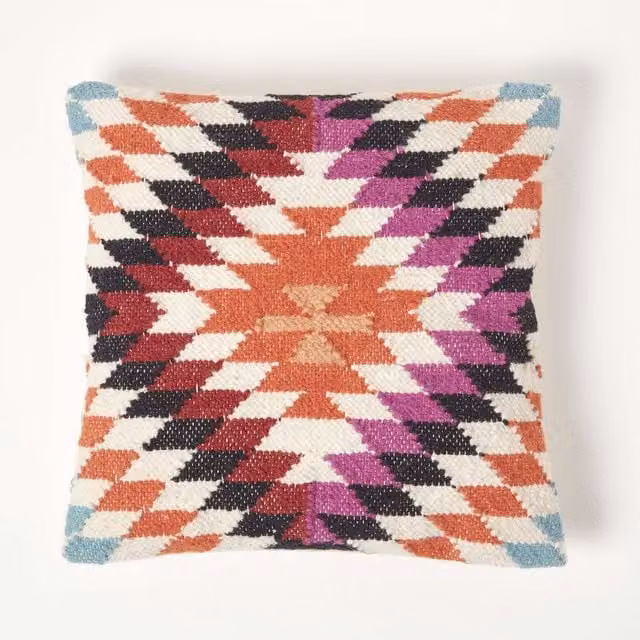 Homescapes Handwoven Ethnic Kilim Cushion with Feather Filling, Orange and Multicolour