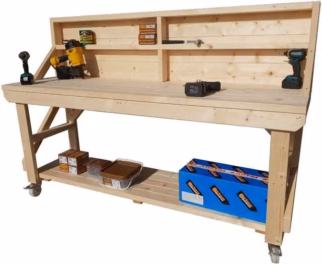 Arbor Garden Solutions Wooden Workbench with Pegboard and Castors, Brown and White