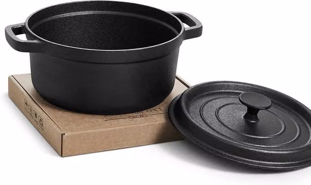 Garden Sanctuary 6L Pre-Seasoned Cast Iron Casserole Dutch Oven with Glass Lid, Black