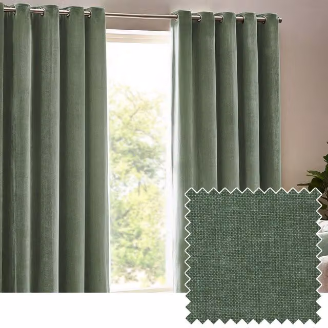 Make It A Home Heavy Chenille Velvet Eyelet Curtains in Green, Width: 117 cm