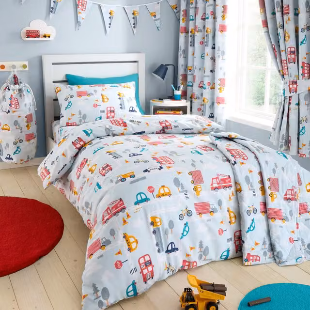 Happy Linen Company Road Trip Kids Reversible Duvet Cover and Pillowcase Set, Blue Multicolour, Duvet Cover W/H: 200 x 200 cm, Pillowcase W/H: 50 x 75 cm
