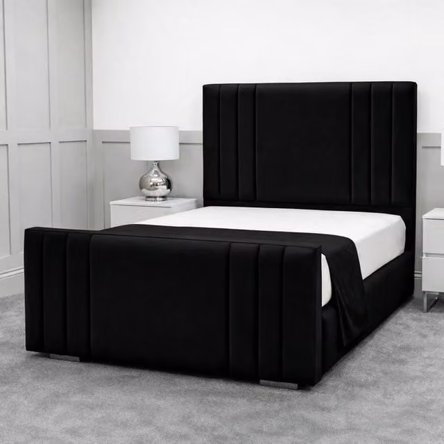 Living Comfort Bedz Canberra Single Plush Velvet Upholstered Bed with Slatted Base and 48 Inch Headboard in Black