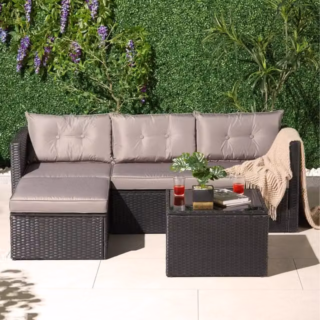 VonHaus Black Rattan L-Shape Corner Sofa Set with Coffee Table and Ottoman