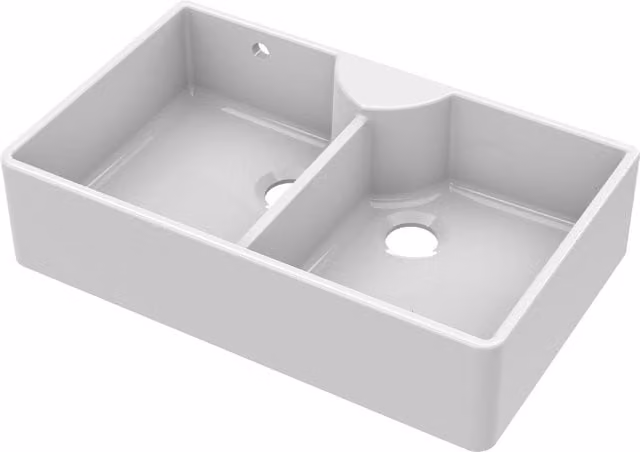 Balterley White Ceramic Fireclay 2 Bowl Stepped Weir Butler Sink with Tap Ledge and Overflow, W: 89.5 cm