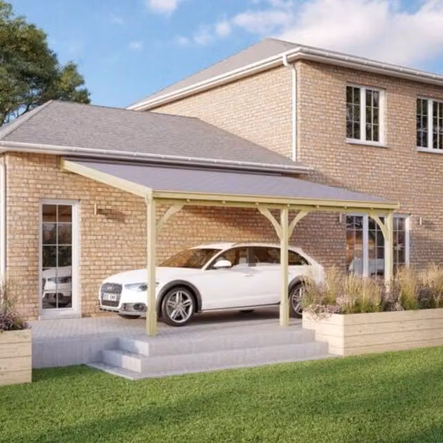 Rutland County Garden Furniture Ltd Pent Wood Carport with Bitumen Shingle Roof, Rustic Brown and Light Green, W: 722 cm, D: 300 cm