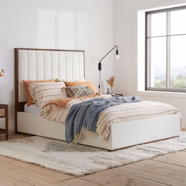 Birlea Pendry Double Bed Frame in White Bouclé Fabric with Walnut Details