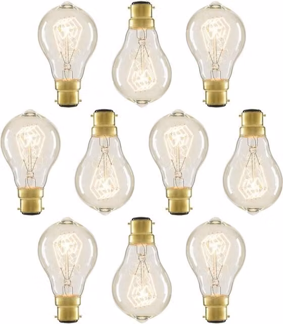 Litecraft 10 Pack of 40W B22 Warm White Vintage Filament Incandescent Bulbs in Transparent Glass