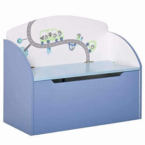 HOMCOM Kids Wooden Toy Box Storage Bench with Soft Close Lid in Blue, W/D/H: 50 x 30 x 30 cm