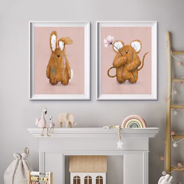 Tigercub Prints Florence & Effie Set of Two Pink Boho Nursery Animal Wall Prints, A4