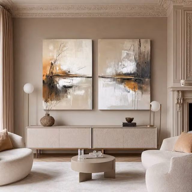 Mafett Soft Horizon Modern Abstract Canvas Print Wall Art Set in Beige, White and Gold, W: 60.96 cm, H: 81.3 cm
