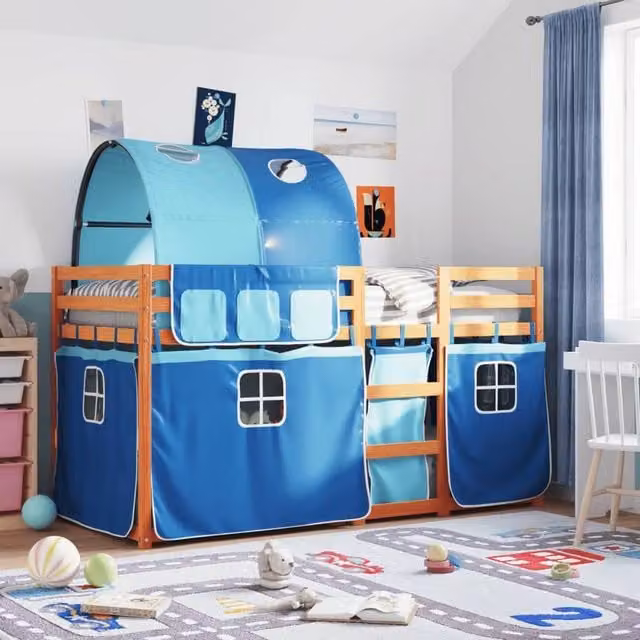Berkfield Home Blue Solid Wood Pine House Frame Bunk Bed for Children W/D/H: 90 x 200 cm