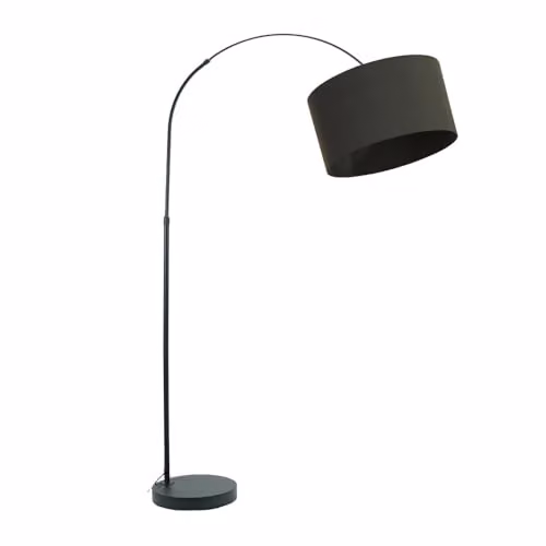 ValueLights Black Metal Arched Floor Lamp with Charcoal Grey Fabric Drum Shade and Included LED Bulb