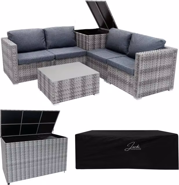 Jardi Grey Polyrattan Modular L-Shape Garden Furniture Set with 996L Storage Box and Cushions