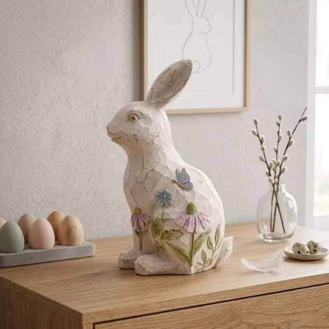 Garden Greatness Rustic Distressed Floral Bunny Wood Tabletop Decoration in White and Multicolour