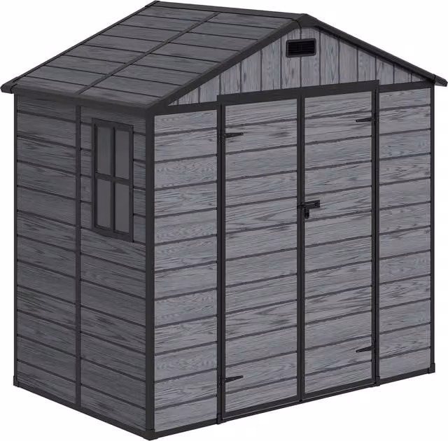 Livingandhome Apex Roof Garden Tool Shed Outdoor Patio Storage House, Dark Grey Wood Grain Plastic, W/D/H: 243.84 x 121.92 x 121.92 cm