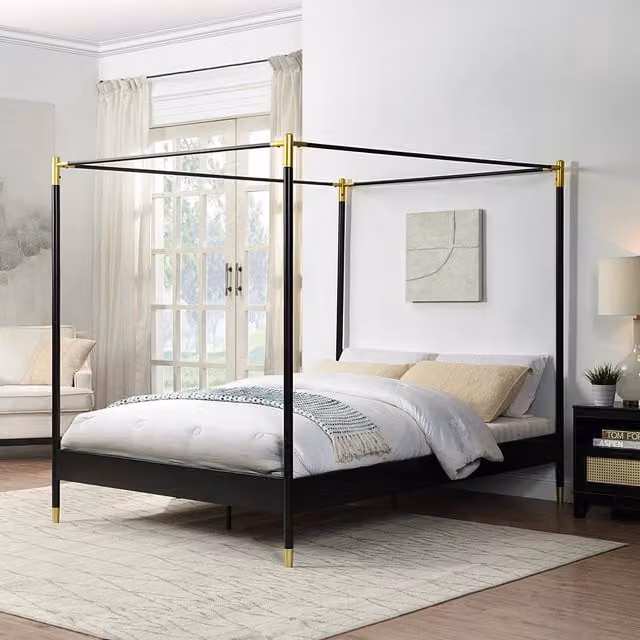SlumberWorx Codicote Modern 4 Poster Canopy Bed Frame in Matt Black and Gold Metal, 140 x 200 cm