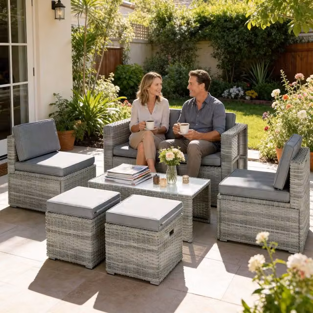 Outsunny 6 Piece Dark Grey Polyrattan Garden Furniture Set with Upholstered Cushions and Glass Coffee Table