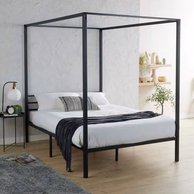 Home Source Sierra Modern Metal Four Poster Canopy Bed Frame, Black, 140 x 200 cm