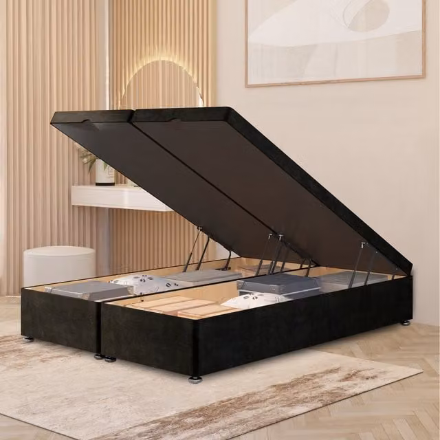 Somnior Beds Ltd Ottoman Divan Bed Frame with Gas Lift Base, Black Plush Velvet, W/D/H: 90 x 190 cm
