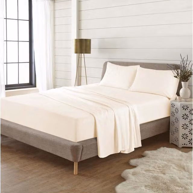 HomeSpace Direct Plain Beige Flannelette Brushed Cotton Sheet Set with Pillowcase, Fitted Sheet and Flat Sheet, W/D/H: 140 x 200 cm