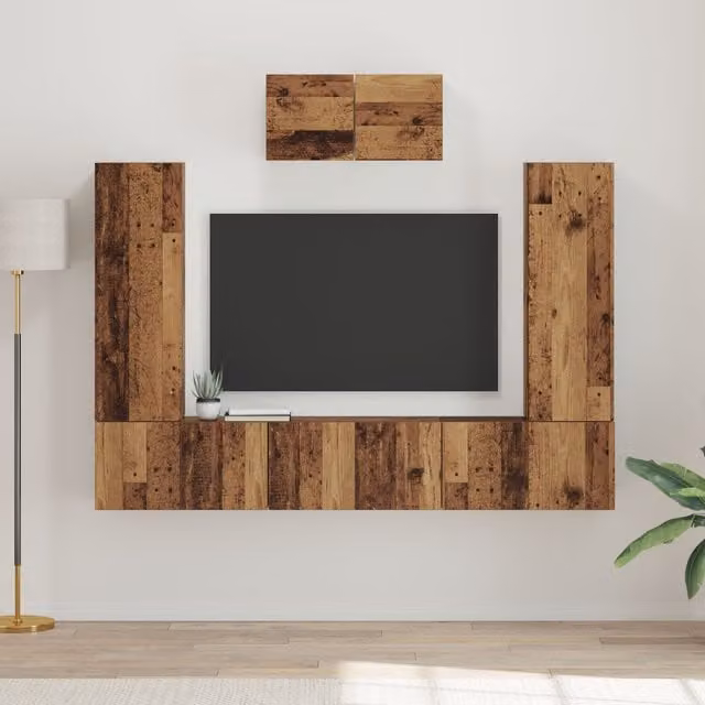 Berkfield Home 7-Piece Modern TV Cabinet Set in Brown Old Wood Finish with Wall-Mounted Shelves and Lowboard