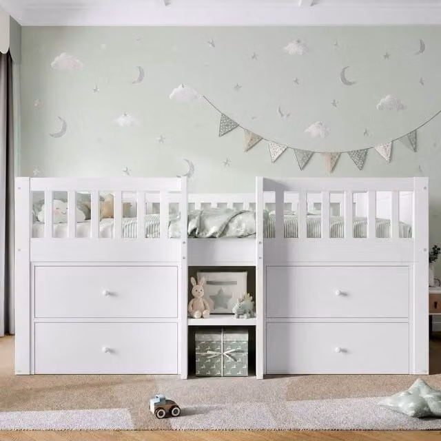 Merax White Wooden Mid Sleeper Bed for Children with Storage Drawers, W/D/H: 190 x 90 x 165 cm