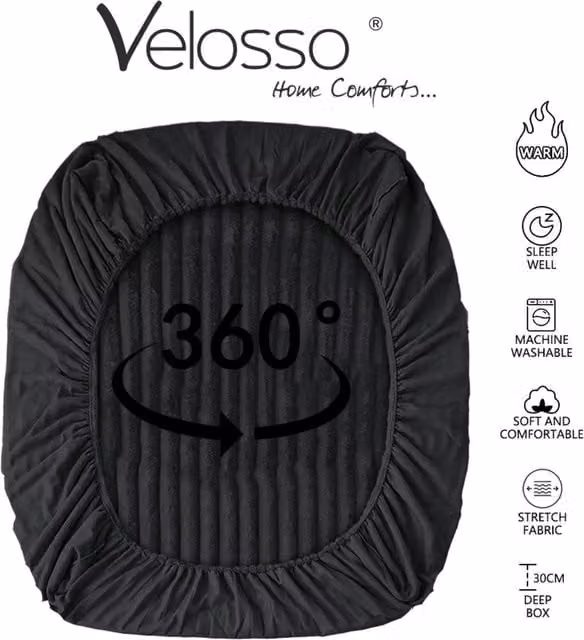 Velosso Plush Supersoft Jumbo Cord Ribbed Fitted Sheet, Black, King Size (180 x 200 cm)
