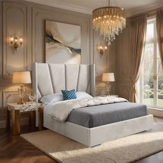 Casani Farleigh Double Upholstered Velvet Winged Bed Frame in Beige, W: 140 cm, D: 200 cm, H: 137 cm