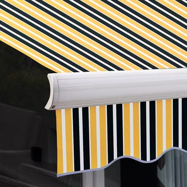Primrose Full Cassette Electric Patio Awning with 3.5m Canopy in Yellow and Grey Stripe