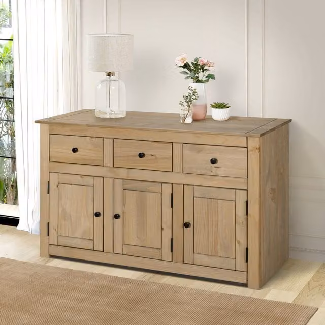 Mews Brown Rustic Pine Wood Panama Sideboard with 3 Doors and 3 Drawers