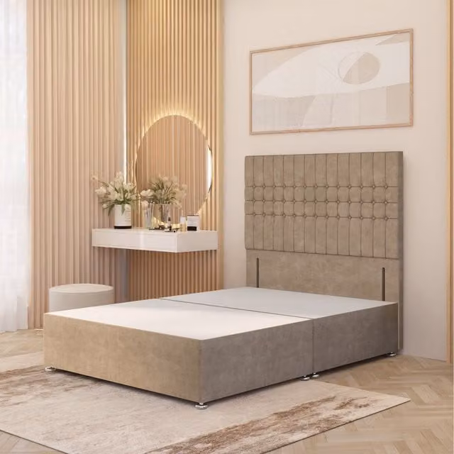 Somnior Beds Ltd Lexington King Size Divan Bed Base with 54 inch Floor Standing Headboard in Beige Plush Velvet, W/D/H: 150 x 200 cm