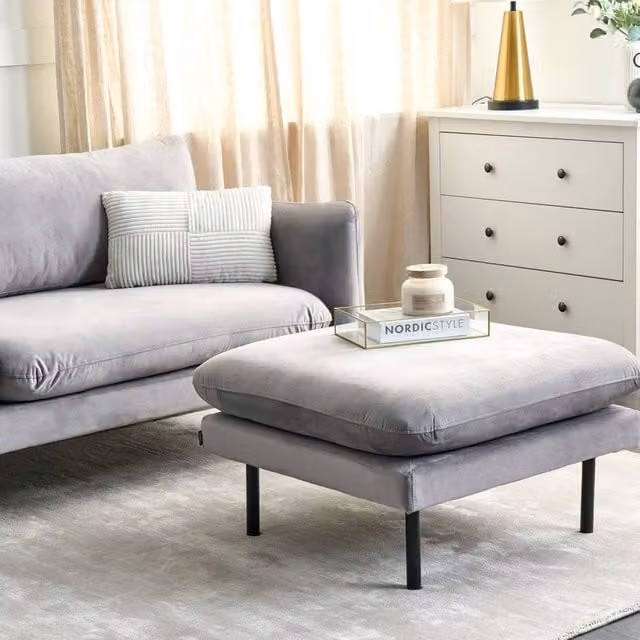 Wyld and Coco Glamour Velvet Square Ottoman Footstool in Grey with Aluminium Frame