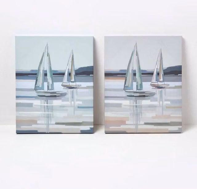 Homescapes Coastal Canvas Wall Art Set of 2, Maritime Landscape Scenes in Grey, Blue and White, W: 40 cm, H: 50 cm each