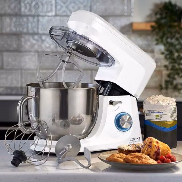 Cooks Professional 1200W Stand Mixer with 7L Bowl in White and Silver