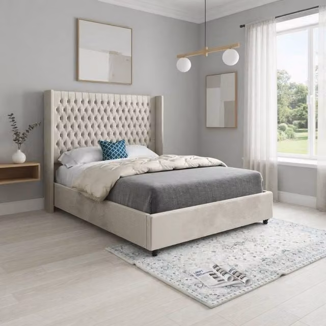 KDMD Wormbridge Winged Upholstered Designer Bed Frame in Beige Velvet, W/D/H: 90 x 200 x 137 cm