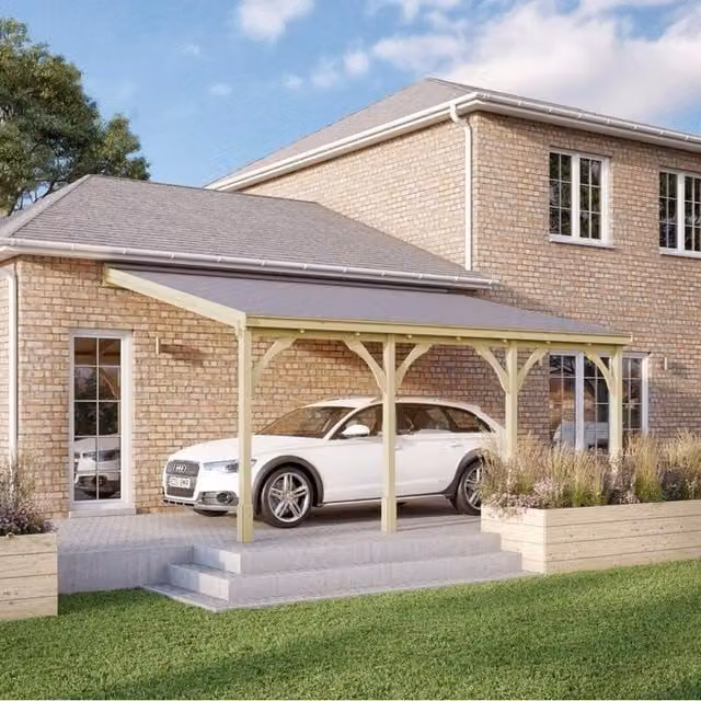 Rutland County Garden Furniture Ltd 4 Post Wood Carport with Bitumen Shingle Roof, Rustic Brown and Light Green, W: 650 cm, D: 270 cm, H: 200 cm