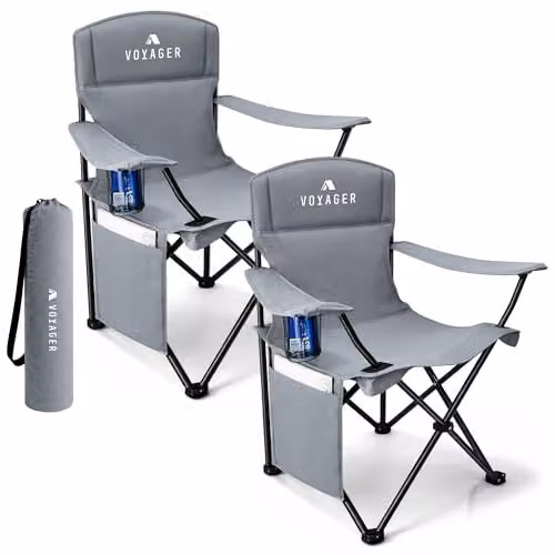 Voyager 2-Pack Lightweight Folding Camping Chairs in Grey with Cup Holders and Pockets