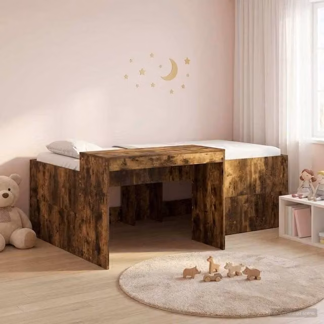 Berkfield Home Kids High Bed Frame with Desk in Smoked Oak Brown, W/D/H: 90 x 200 cm