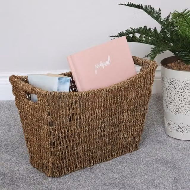 JVL Brown Seagrass Woven Magazine and Newspaper Storage Basket with Handles, W/D/H: 41 x 25 x 20 cm