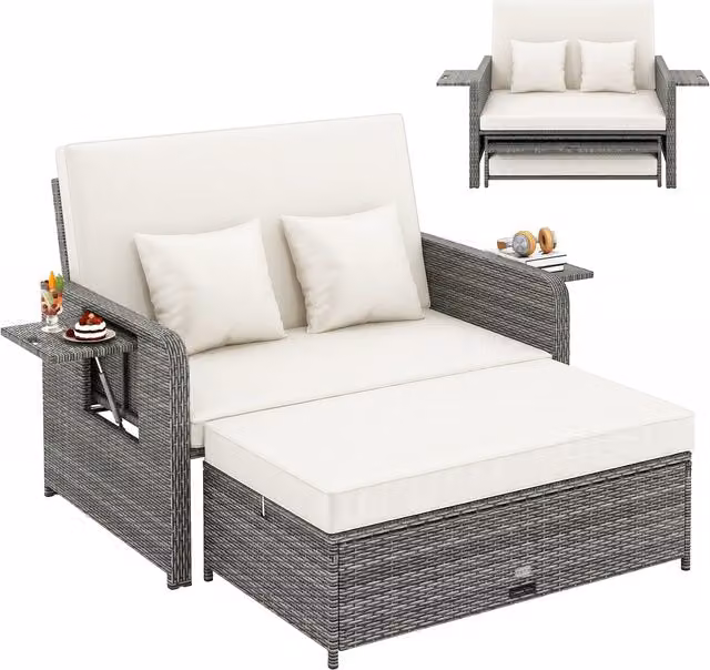Costway 2 Piece White Polyrattan Garden Furniture Set with Adjustable Headrests and Side Trays