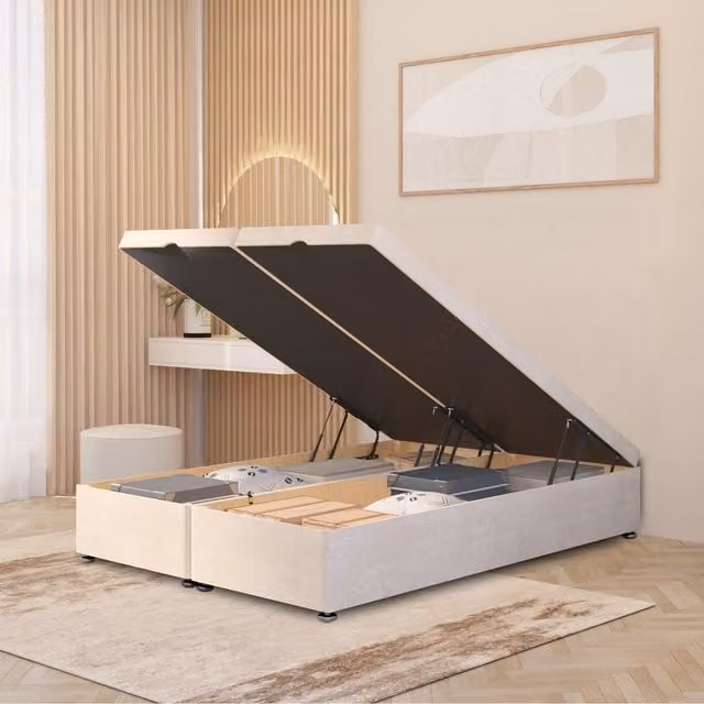 Somnior Beds Ltd Double Ottoman Divan Bed Frame with Gas Lift Base in Ivory Plush Velvet, W/D/H: 140 x 200 x 79 cm
