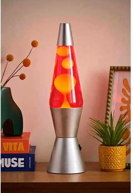 Dragodirect Razzo Retro LED Lava Lamp with Pink Glass and Silver Metal Base in Yellow and Red