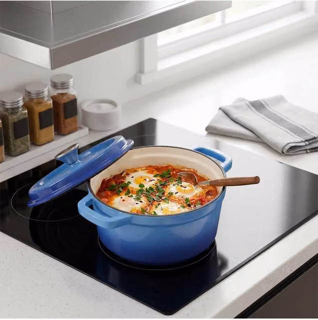 Living and Home Enamelled Cast Iron Dutch Oven Casserole Pot with Glass Lid, Blue, 6 l