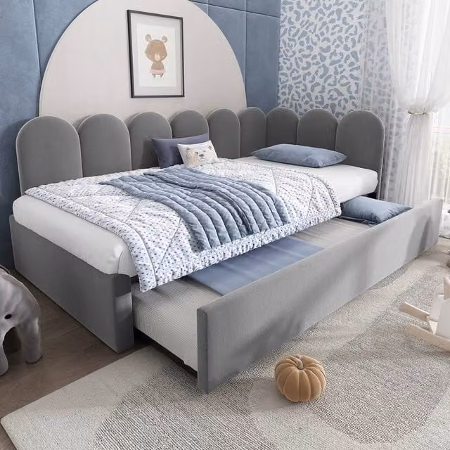Matteo Grey Velvet Upholstered Daybed with Pull-Out Trundle and Asymmetric Chaise, W/D/H: 90 x 180 cm