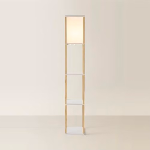ValueLights Struttura Wooden Floor Lamp with Fabric Shade and LED Bulb in Light Oak