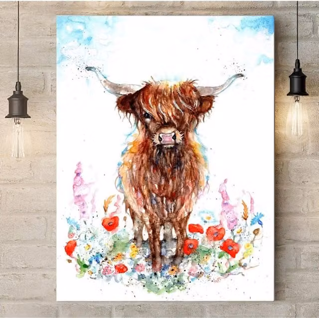 BebesArts Highland Cow in the Meadow Canvas Wall Art, Brown, W: 60.96 cm, H: 40.64 cm